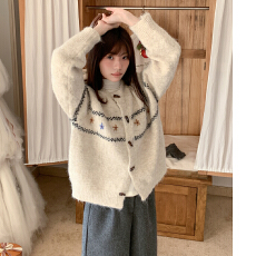 批发<b class='q'>夏</b>珍费尔岛毛衣开衫女冬季牛角扣宽松慵懒风森系提花针织衫外套