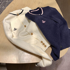 批发春秋新款立体logo刺绣撞色针织开衫女<b class='q'>宽松</b>中长款大版毛衣外套