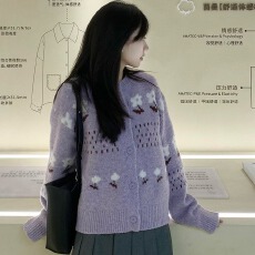 批发韩系清纯白月光穿搭套装女秋冬浅紫色提花毛衣开衫