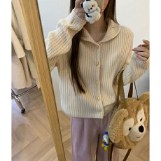 批发甜美减龄娃娃领麻花毛衣针织开衫女秋冬气质高级感慵懒风内搭上衣