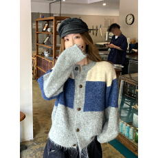 批发韩系灰色马海毛毛衣开衫外套女秋冬外穿软糯奶fufu宽松针织衫上衣
