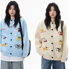 批发美式复古童趣卡通小狗提花<b class='q'>开衫</b>毛衣女宽松<b class='q'>针织</b>衫外套-