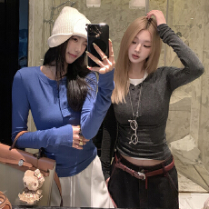 批发宝蓝色白色针织长袖T恤女秋季亨利领复古内搭打底衫修身显瘦上衣