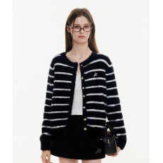 批发Azmi设计感小众<b class='q'>马海毛</b>条纹针织<b class='q'>开衫</b>外套女春秋季新款宽松显瘦毛衣