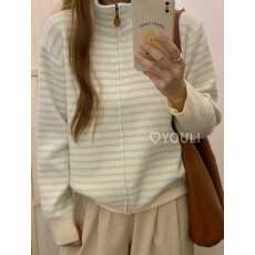 批发韩系撞色<b class='q'>条纹</b>拉链针织毛衣<b class='q'>开衫</b>2025设计感立领休闲上衣女