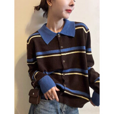 批发撞色条纹翻领羊毛针织开衫女<b class='q'>欧洲站</b>2025秋装<b class='q'>新款</b>欧货女装短外套潮