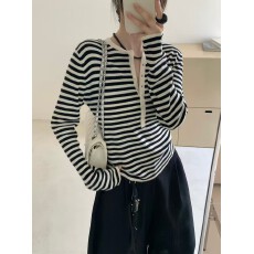 批发ONETIME百搭条纹针织衫T恤女2025亨利领简约羊毛打底衫上衣