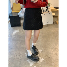 批发乌77法式复古黑色波点毛呢半身裙女<b class='q'>冬</b>季高腰显瘦小个子包臀短裙子