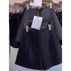 批发毛呢短裤女冬季外穿2025春秋新款高腰a字<b class='q'>休闲</b>亮片闪闪小个子靴裤