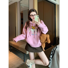 批发粉色减龄提花连帽毛衣女2025新款秋冬设计感小个子慵懒软糯针织衫