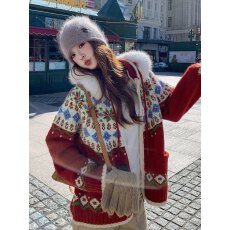 批发复古撞色费尔岛连帽针织开衫女秋冬新款宽松慵懒加厚毛衣外套上衣