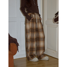 吵吵家设计感咖色格子抽绳休闲裤女2025冬季加厚高腰垂感阔腿长裤