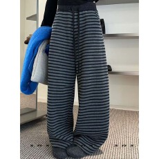 批发条纹加绒羊绒阔腿裤女2025冬季新款时尚巨好看高腰直筒休闲裤