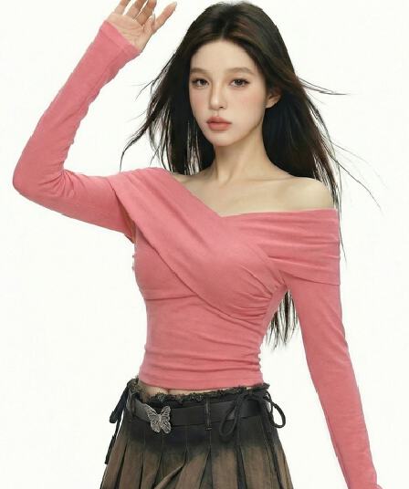 한 부서 순수한 욕망 바람 오프숄더 긴팔 티셔츠 여성 2026 봄 가을 몸매 가꾸기 인사이드 가져 가라. 핫걸 만나는 맨위