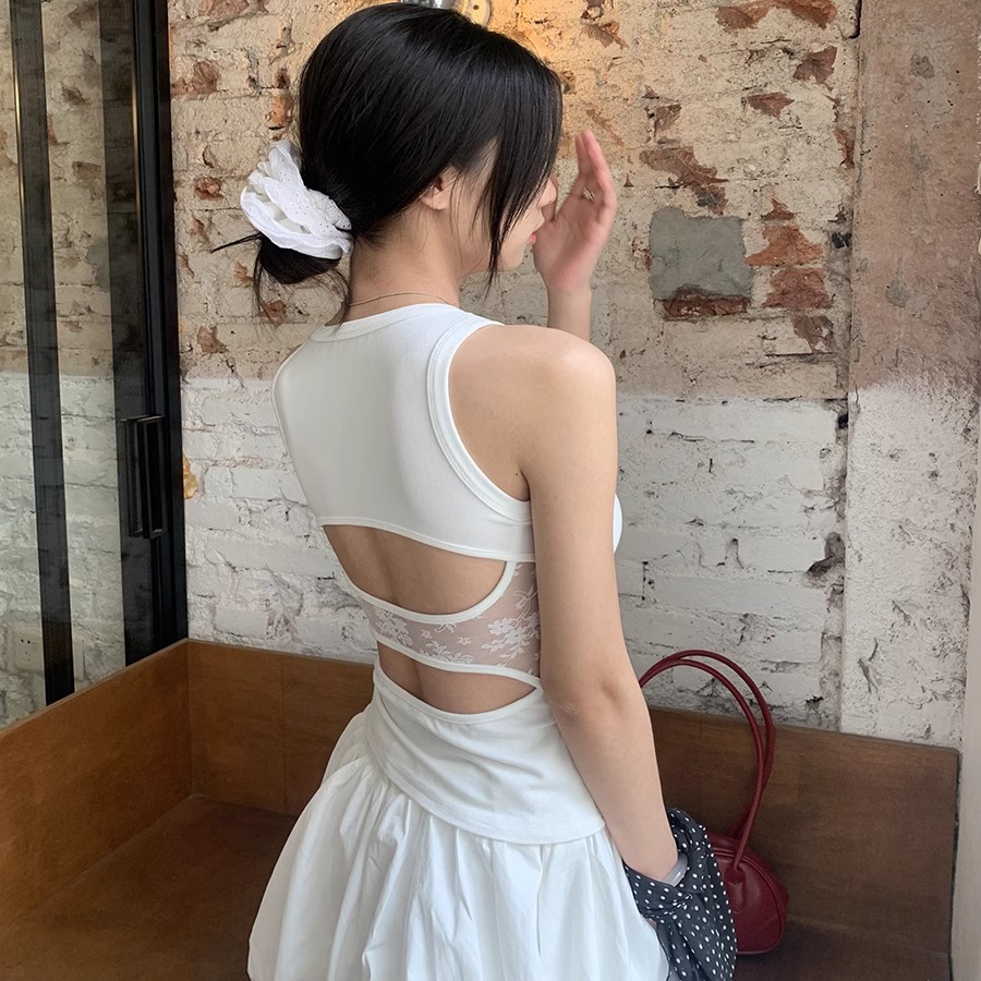 뒤로 홀로우 아웃 조끼 디자인 센스 핫걸 패치워크 레이스 민소매 맨위 여성 한 부서 니트 티셔츠