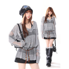 批发AONW美式纯欲风V领<b class='q'>镂空</b><b class='q'>针织</b>衫女春季新款宽松设计感薄款<b class='q'>罩衫</b>上衣