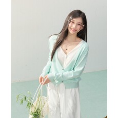 批发ELEVEN SLEEP春季假两件<b class='q'>薄</b>荷绿针织开衫女款韩系v领外套长袖上衣