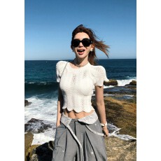 李婉君早春原创圈圈纱短袖女时尚独特别致波浪修身针织T恤上衣