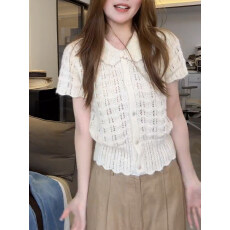 批发<b class='q'>圆领</b>系带设计感粉色上衣2026年春季女装新款<b class='q'>针织</b>钩花减龄百搭短袖