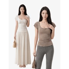 批发WITHMIN 多色方领<b class='q'>短袖</b>T恤女2026夏季新款纯色基础百搭<b class='q'>修身</b>上衣女