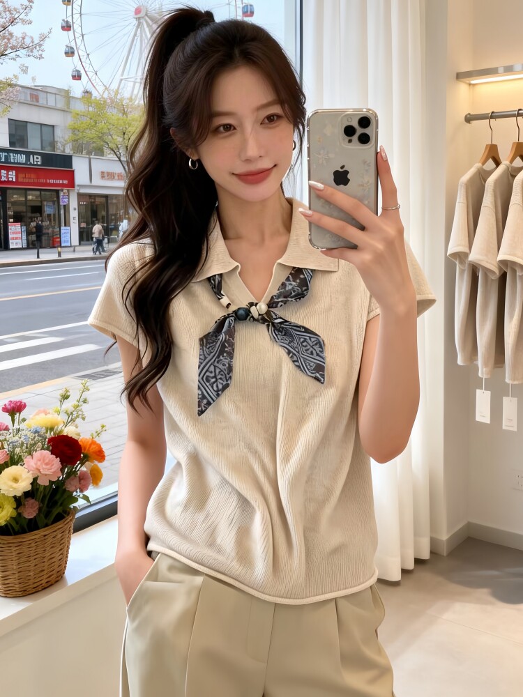 오래된 돈 바람 품격 POLO 칼라 반팔 맨위 여성 여름 새로운 디자인 센스 몸매 가꾸기 슬림해 보이는 얼음 실크 니트 스웨터 트렌디