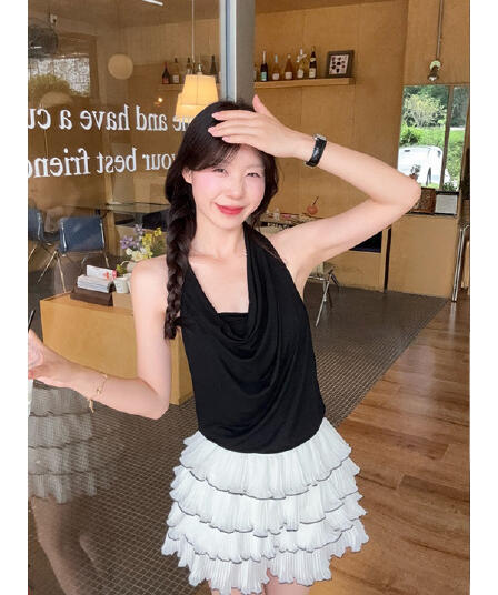 jingli studio 프랑스식 품격 검정색 오프숄더 티셔츠 여성 여름 하이웨이스트 슬림해 보이는 케이크 반신 스커트