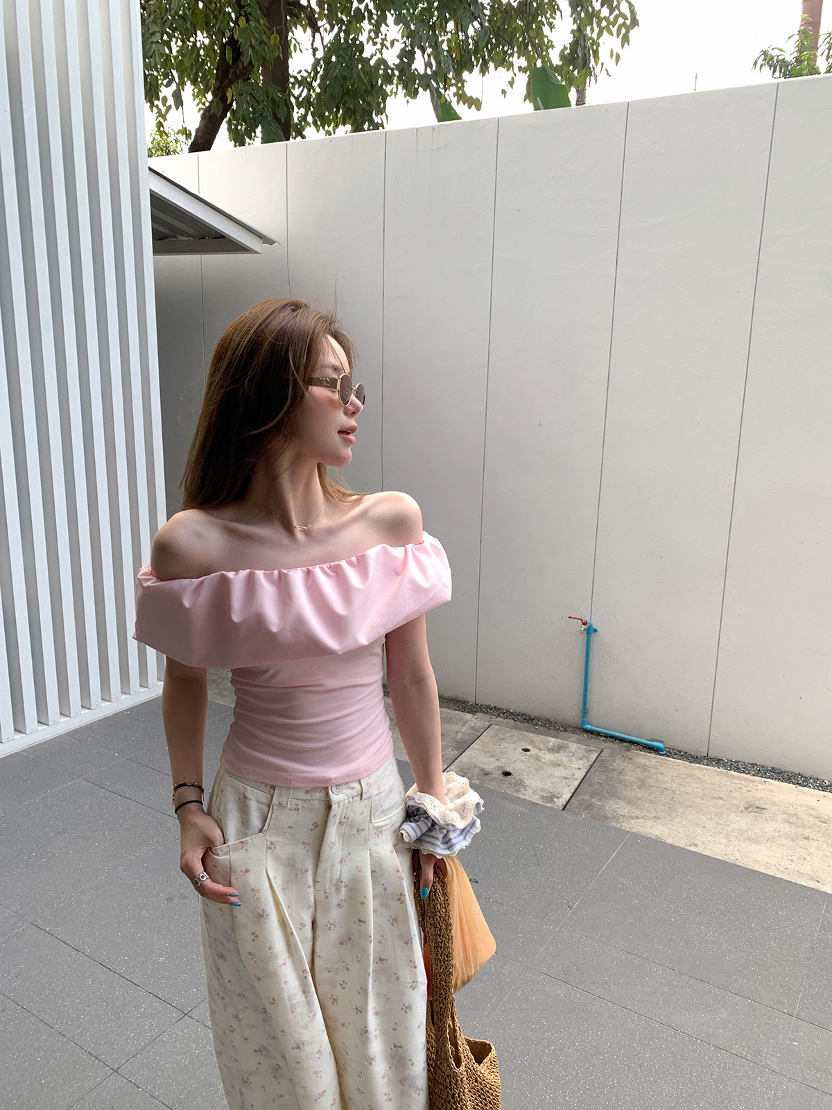 anneshop 발레 소녀 여름 다용도 오프숄더 몸매 가꾸기 슬림해 보이는 오프숄더 핑크색 주름 맨위 여성