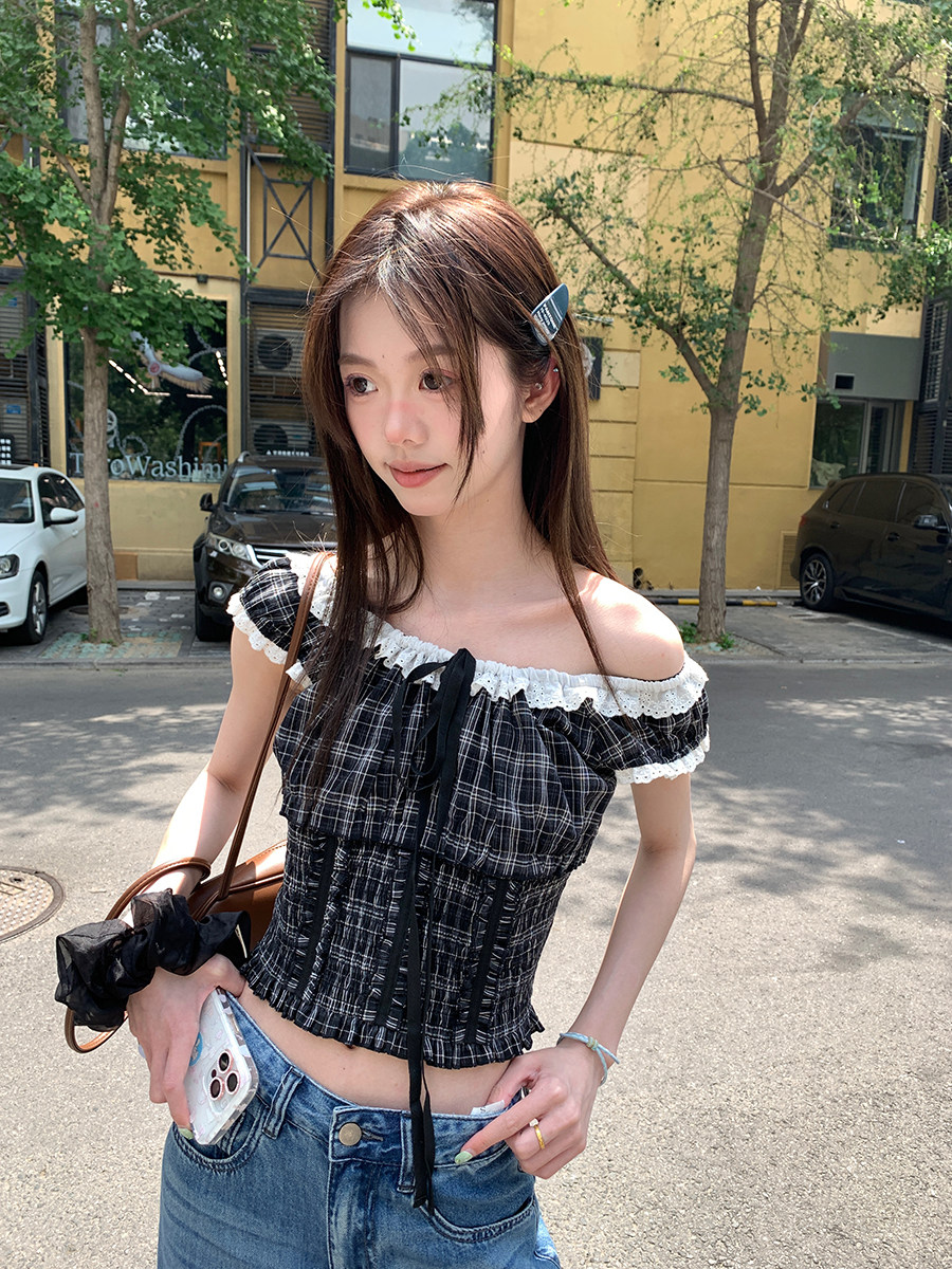 달콤한 도움말 직접 만든 순수한 욕망 체크무늬 배색 레이스 레이스 칼라 레이스업 오프숄더 주름 허리 수축 쇼트 스타일 셔츠