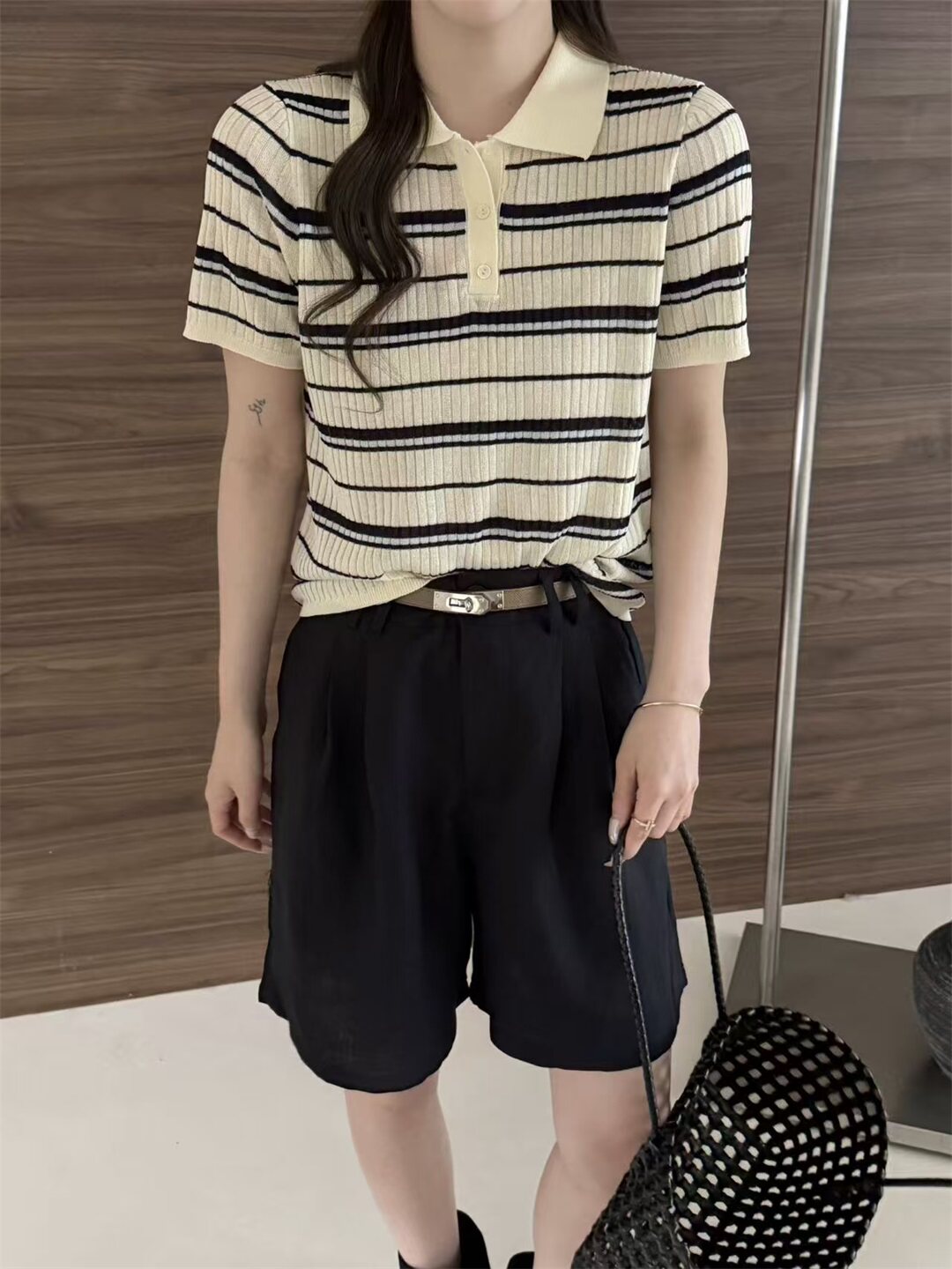 한국 스타일 배색 스트라이프 POLO 칼라 반팔 니트 스웨터 여성 206 여름 섹션 루즈핏 슬림해 보이는 다용도 맨위
