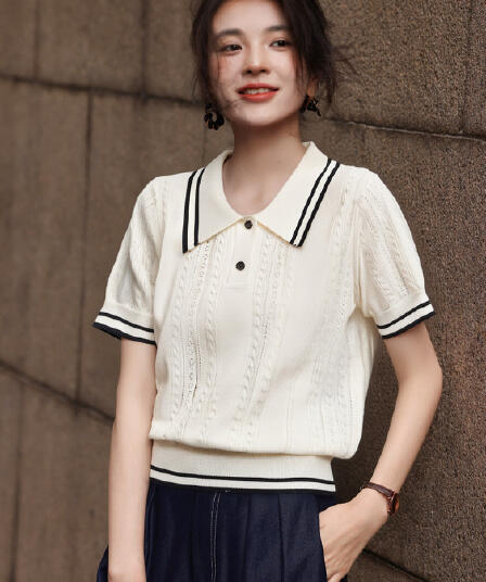 바이 지아 좋은 프랑스식 POLO 칼라 긍정적 인 어깨 니트 반팔 티셔츠 Chic 맨위 여성 2026 여름