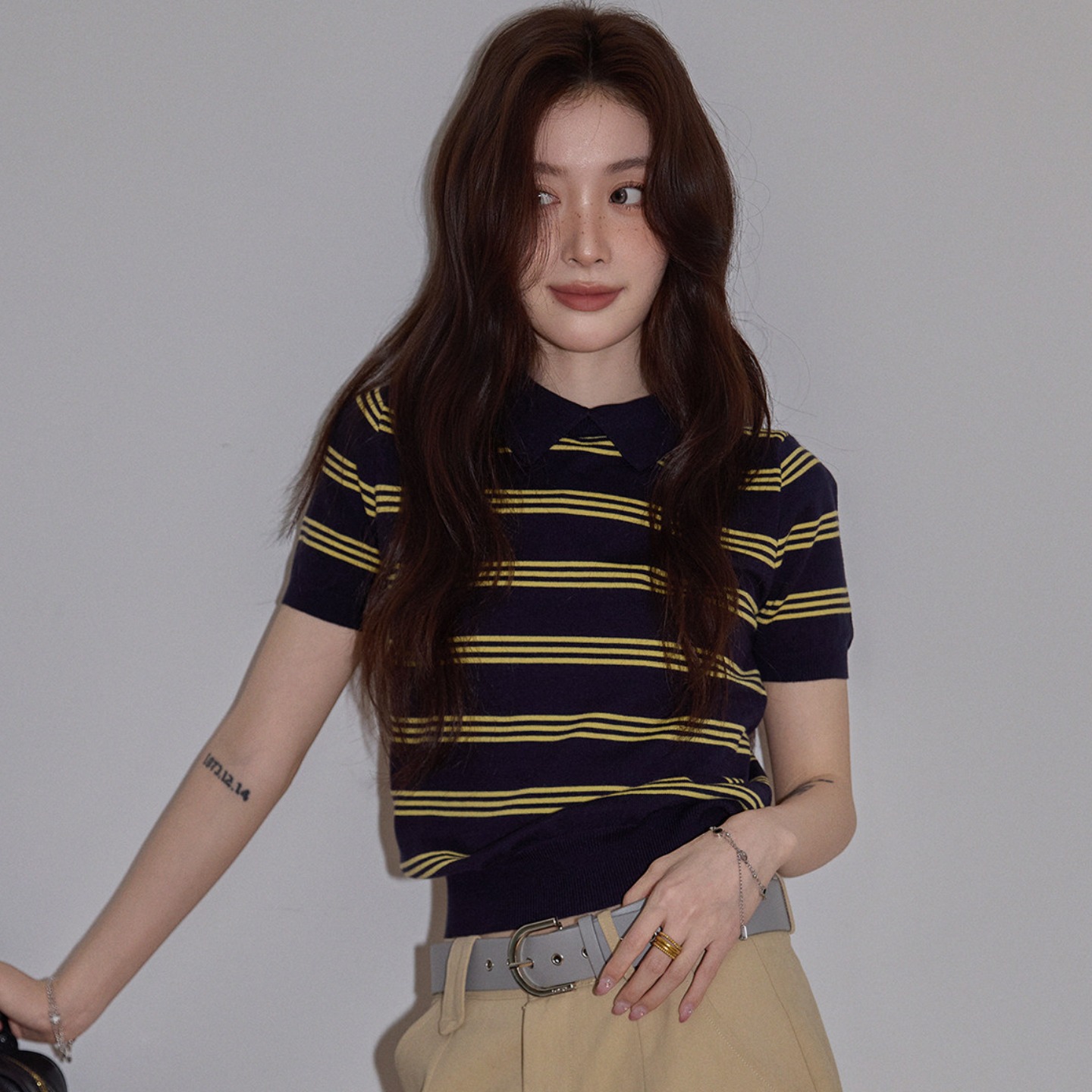 시끄러운 홈 한 부서 해군 POLO 셔츠 여성 여름 폴로 칼라 스트라이프 니트 스웨터 고급 품격 반팔 맨위