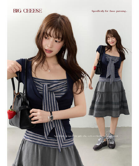 다우 시시 일광 틈 블루 레트로 학원 스타일 가슴 나비 레이스업 맨위 여름 허리 측면 펌프 Pleat 티셔츠