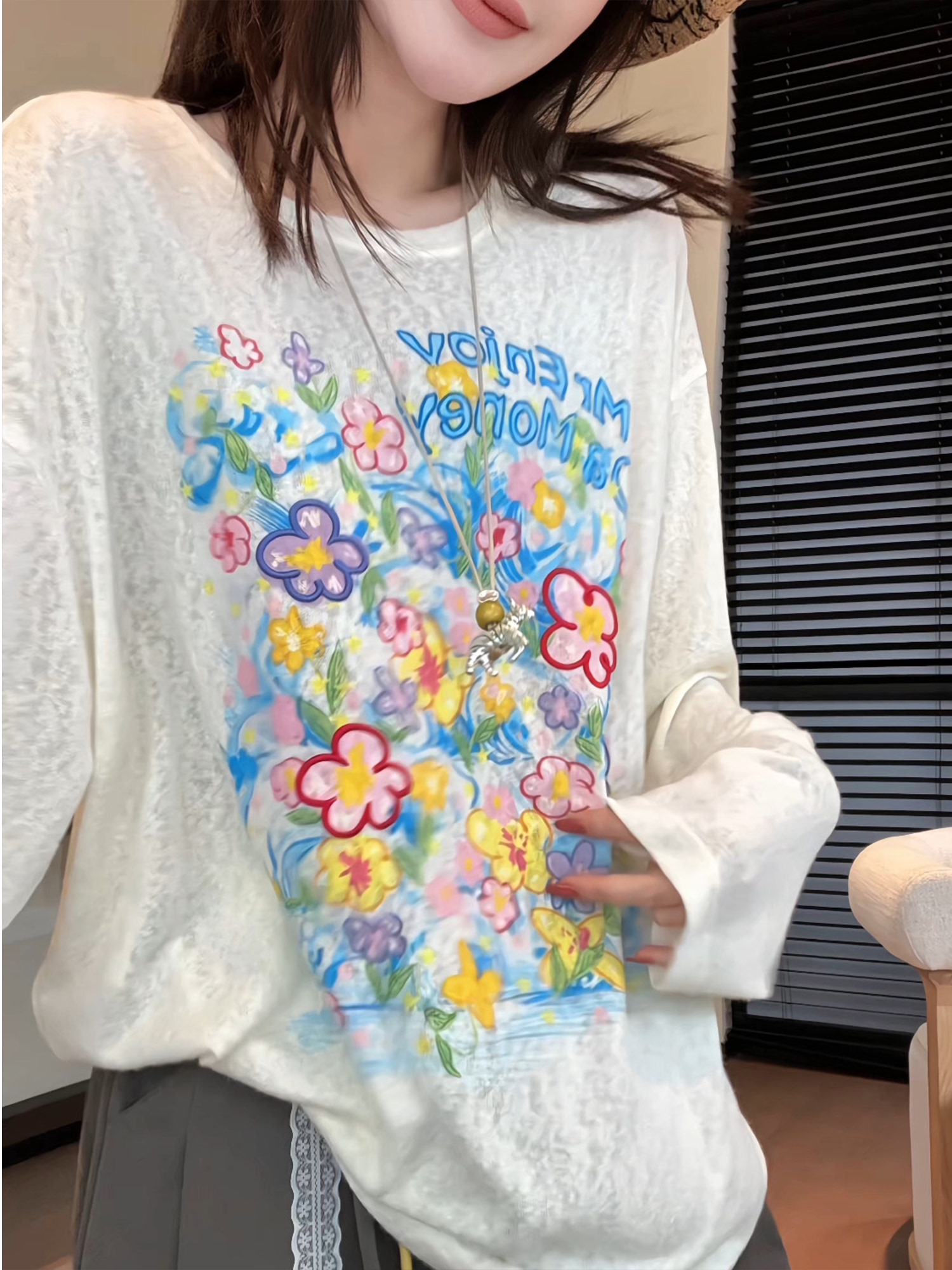 玖 위로 하나 玖 모네 정원 한 부서 캐주얼 알파벳 꽃무늬 긴팔 자외선 차단 블라우스 티셔츠