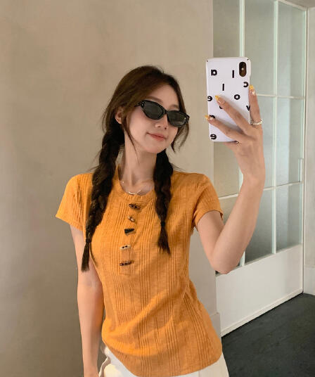 우 77 대나무 마디 면 질감 센스 소뿔 버클 반팔 티셔츠 여성 작은 키 몸매 가꾸기 슬림해 보이는 다용도 인사이드 잡아라. 의류 여름