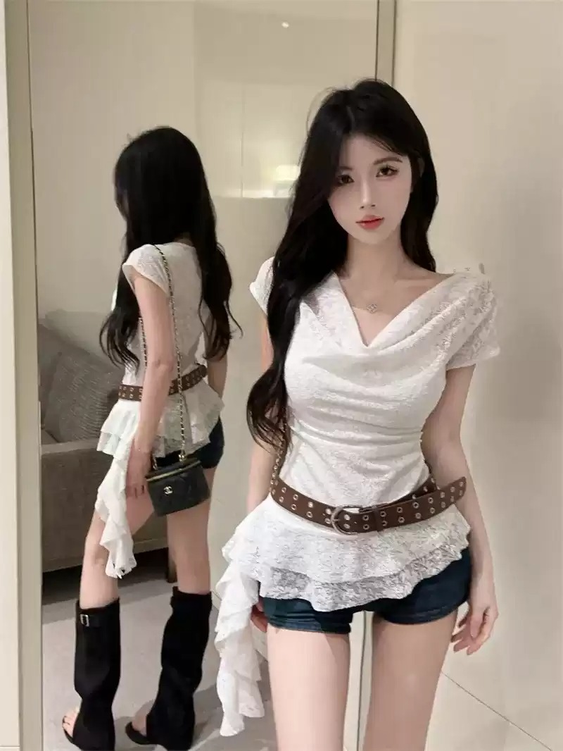 프랑스식 부드러운 바람 자이언트 잘 생긴 ~ 중 흔들다 칼라 허리 수축 슬림해 보이는 레이스 티셔츠 여름