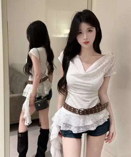 프랑스식 부드러운 바람 자이언트 잘 생긴 ~ 중 흔들다 칼라 허리 수축 슬림해 보이는 레이스 티셔츠 여름