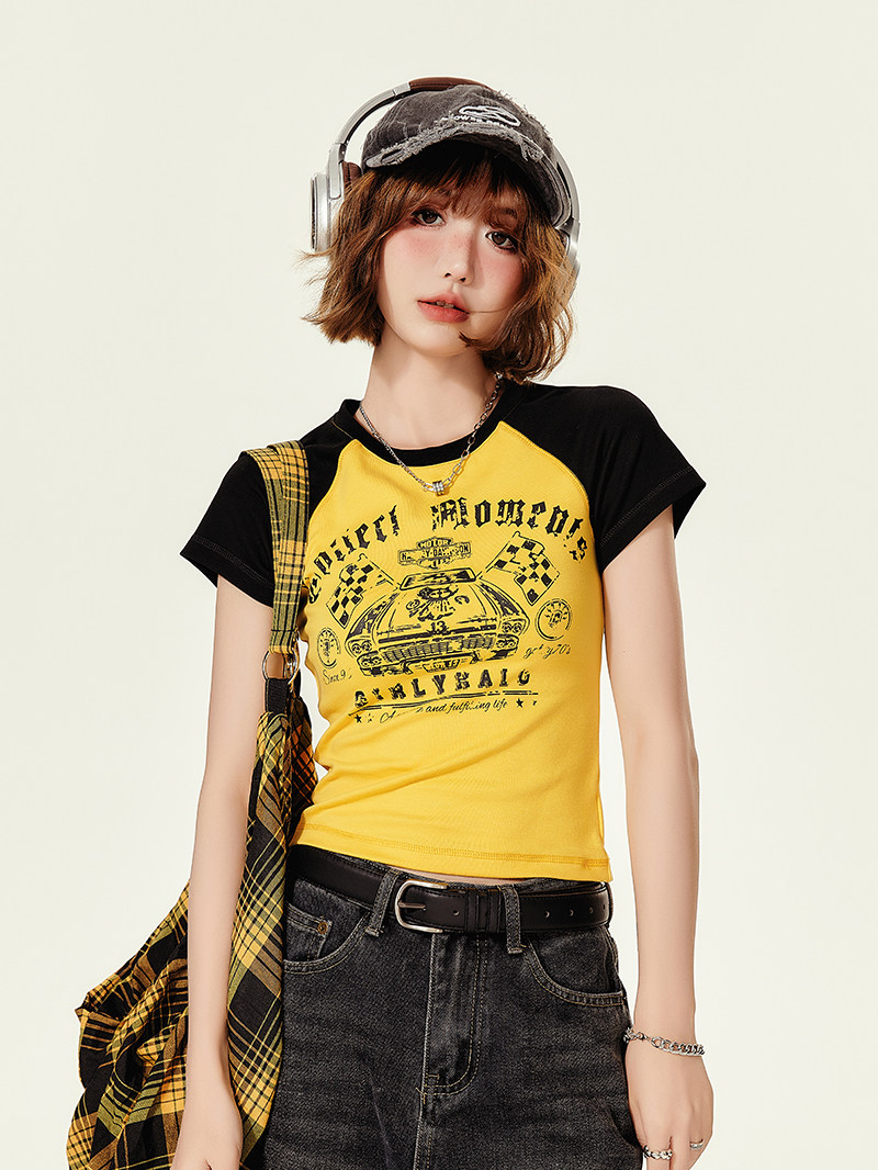 girlyhalo 아메리칸 레트로 배색 삽입 어깨 반팔 티셔츠 여성 여름 새로운 핫걸 쇼트 스타일 몸매 가꾸기 맨위