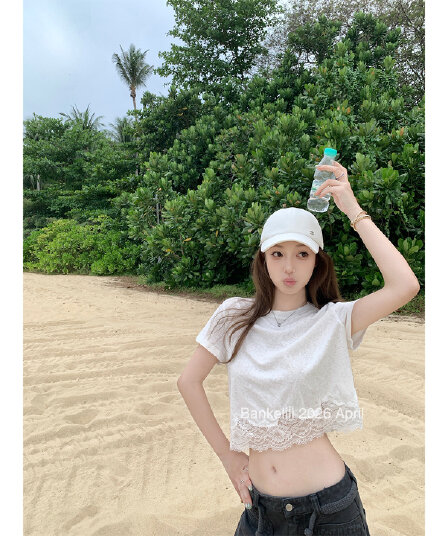 밤나무 코코아 bankelili 산소 miu 버전 천 골드 센스 레이스 레이스 티셔츠 슬림해 보이는 여성