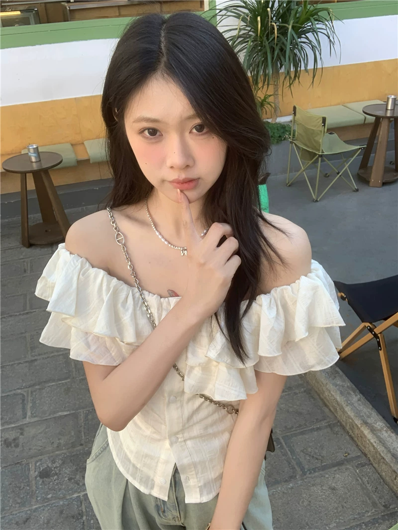 pphome 부드러운 품격 오프숄더 반팔 여성 셔츠 여름 프랑스식 프릴 슬림해 보이는 몸매 가꾸기 Chic 맨위