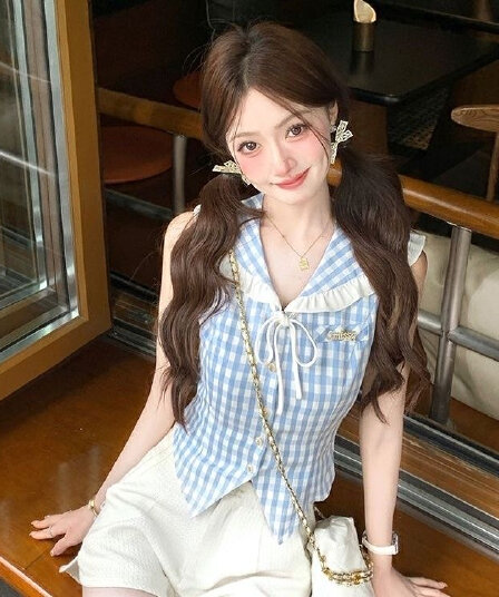학원 스타일 해군 칼라 체크무늬 여성 셔츠 여름 순수한 욕망 핫걸 민소매 튜브탑 작은 맨위 프랑스식 아름다운 셔츠