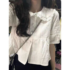 批发少女感娃娃领白色衬衫夏季2026新款甜美别致宽松短款短袖女装上衣