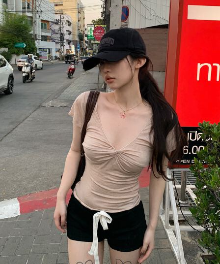 sheepland 천사 피부 2.0 일 실크 양모 V넥 비틀림 반팔 티셔츠 여성 봄 여름 느긋한 슬림해 보이는 맨위