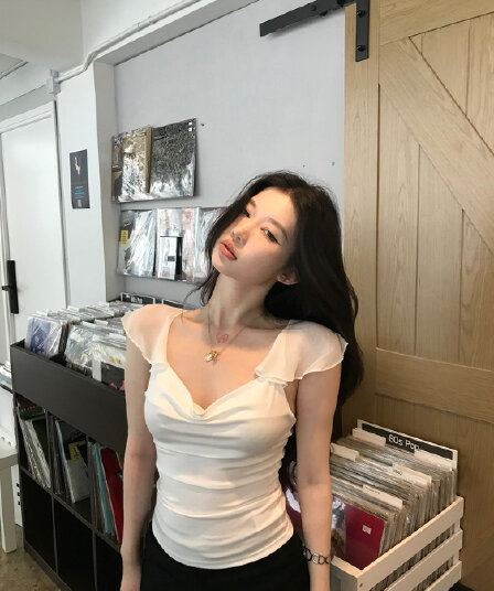 sheepland 빛 산소 프라임 연 t 주간 실크 흔들다 칼라 반팔 티셔츠 여성 여름 허리 수축 디스플레이 얇고 작은 날다 소매 맨위