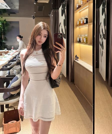 okmashop 장 원 영어 같은 단락 민소매 여성 드레스 여름 고급 센스 품격 홀로우 아웃 허리 수축 치마