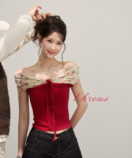 감사합니다. 아니요 고기 오프숄더 패치워크 몸매 가꾸기 티셔츠 여성 봄 패션 다용도 디자인 센스 레이스업 몸매 가꾸기 쇼트 스타일 맨위