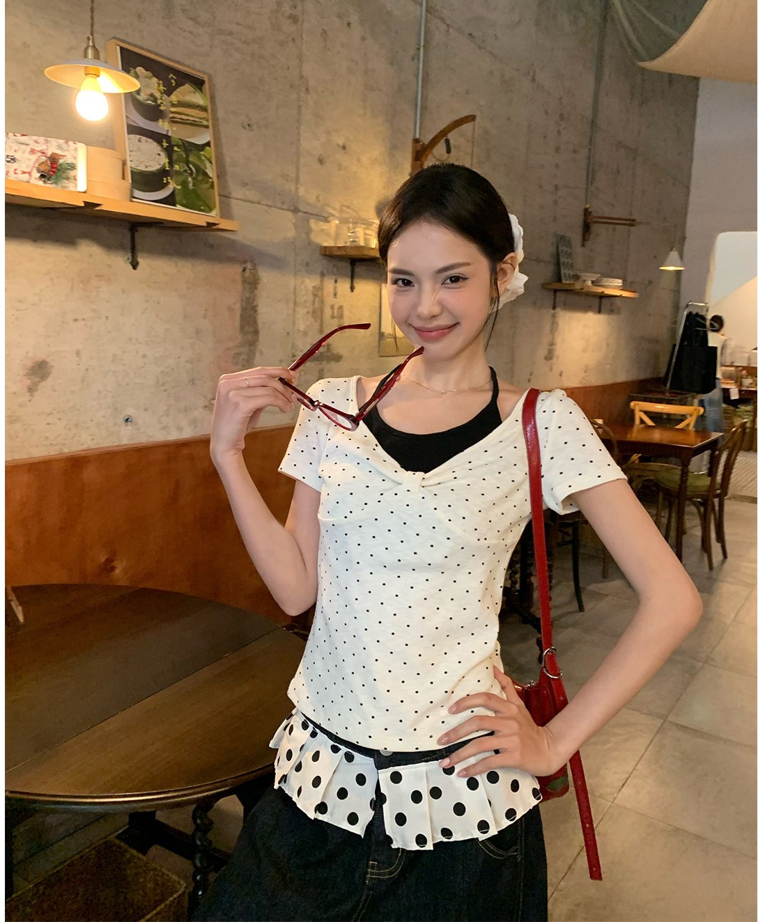 송 긍정적 인 En 화이트 도트 무늬 페이크 레이어드 행침 목 긍정적 인 어깨 반팔 티셔츠 여성 여름 몸매 가꾸기 쇼트 스타일 한 부서 작은 맨위