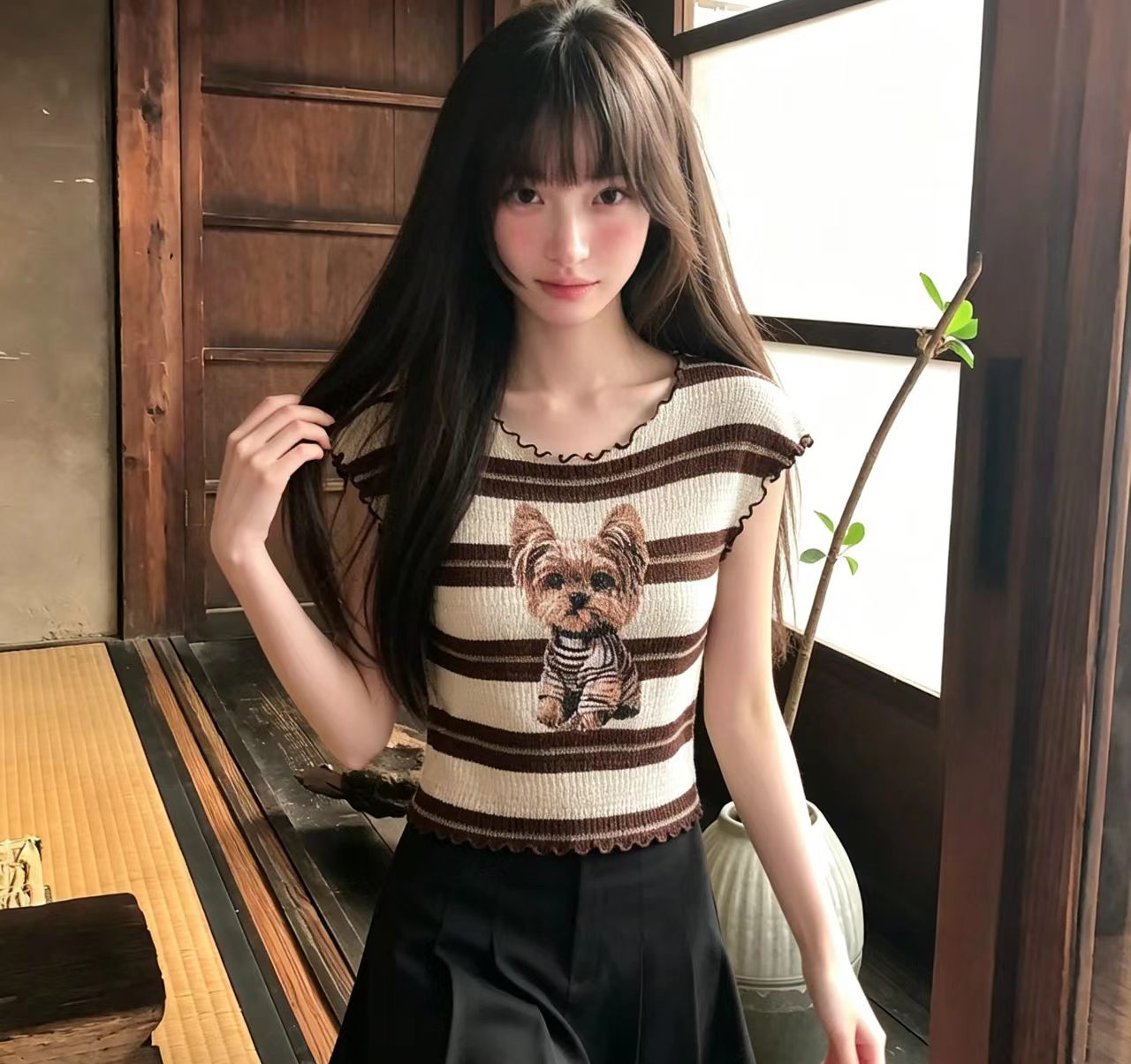 프릴 강아지 프린트 반팔 스트라이프 니트 스웨터 여성 여름 부드러운 연령 감소 몸매 가꾸기 슬림해 보이는 품격 작은 셔츠 맨위