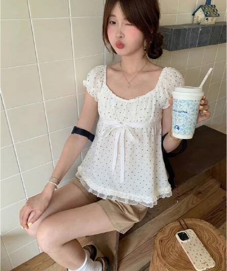 pphome 직접 만든 산소 달콤한 자매 도트 무늬 레이스 거품 소매 귀여운 셔츠 반팔 티셔츠 여름 루즈핏 맨위