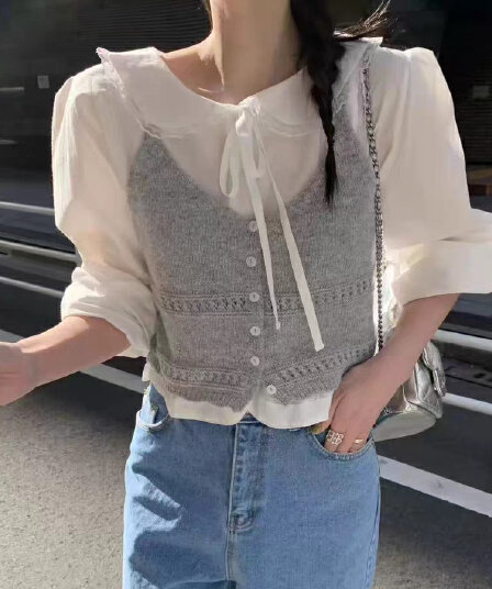 한 부서 연령 감소 파란색 얇은 스타일 니트 슬립 오픈 가디건 여성 짧은 이른 가을 스택 착용 홀로우 아웃 작은 베스트 조끼 맨위