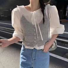 批发韩系减龄蓝色薄款针织吊带开衫女短款初秋叠穿镂空小马甲背心上衣